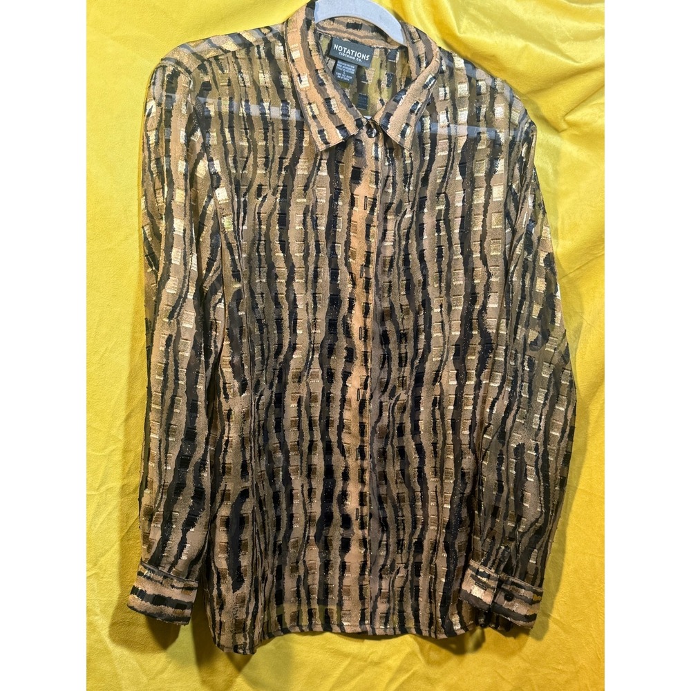 Notations Gold Black Metallic Sheer Button Up Blouse Large 1403300